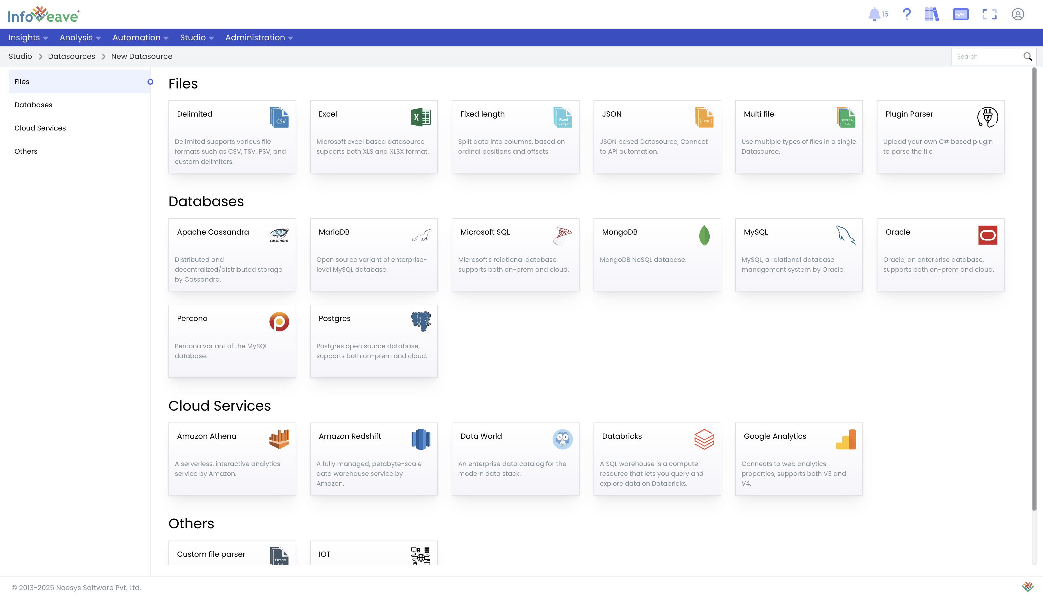 Infoveave data source selection page