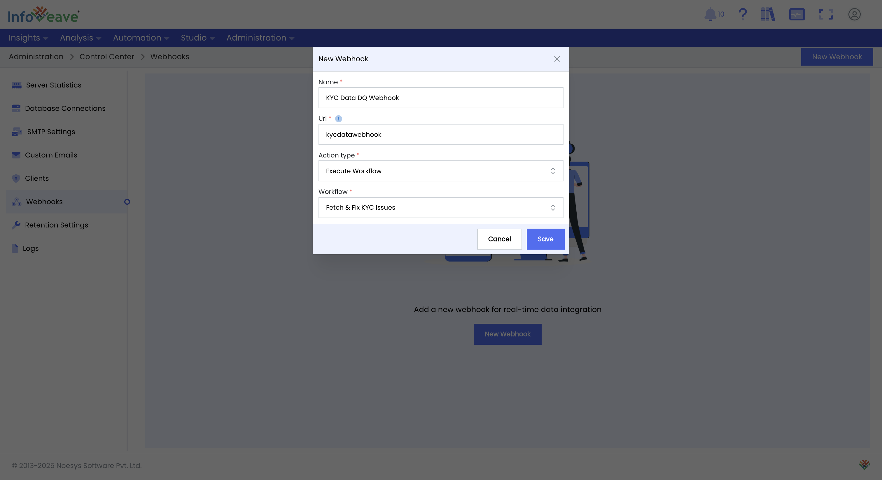 Webhook configuration for an Infoveave workflow