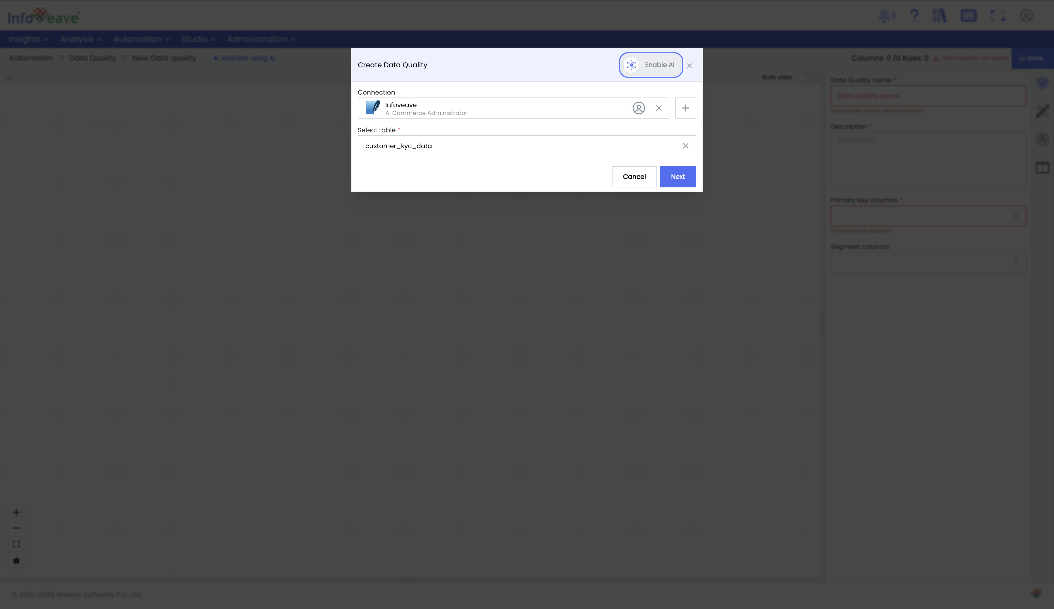 Creating a new data quality task in Infoveave