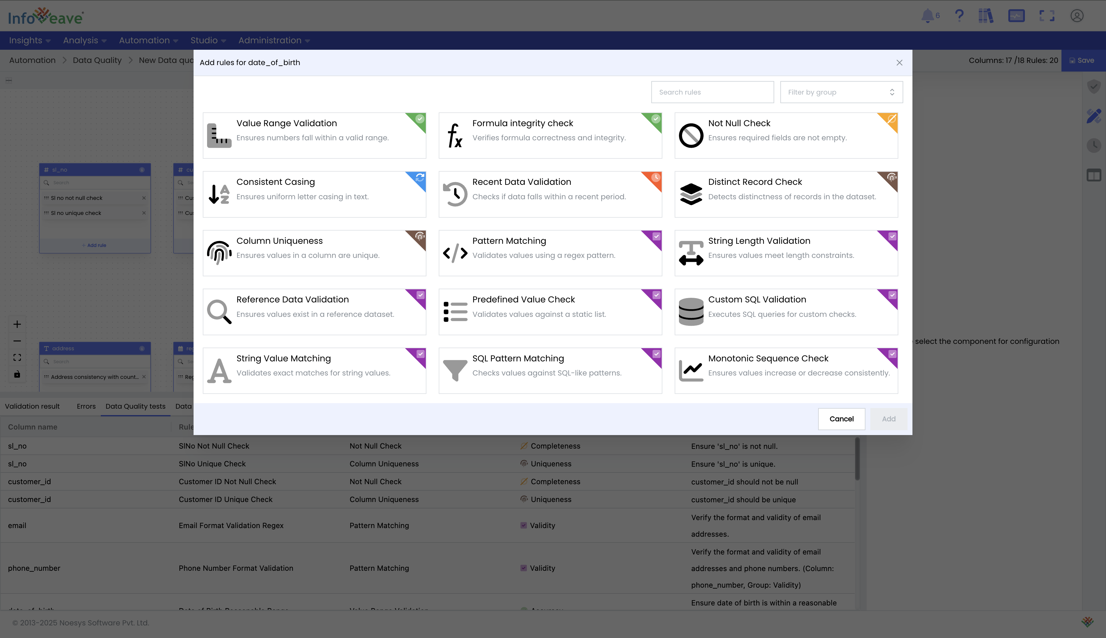 Dragging and dropping rules into the data quality editor